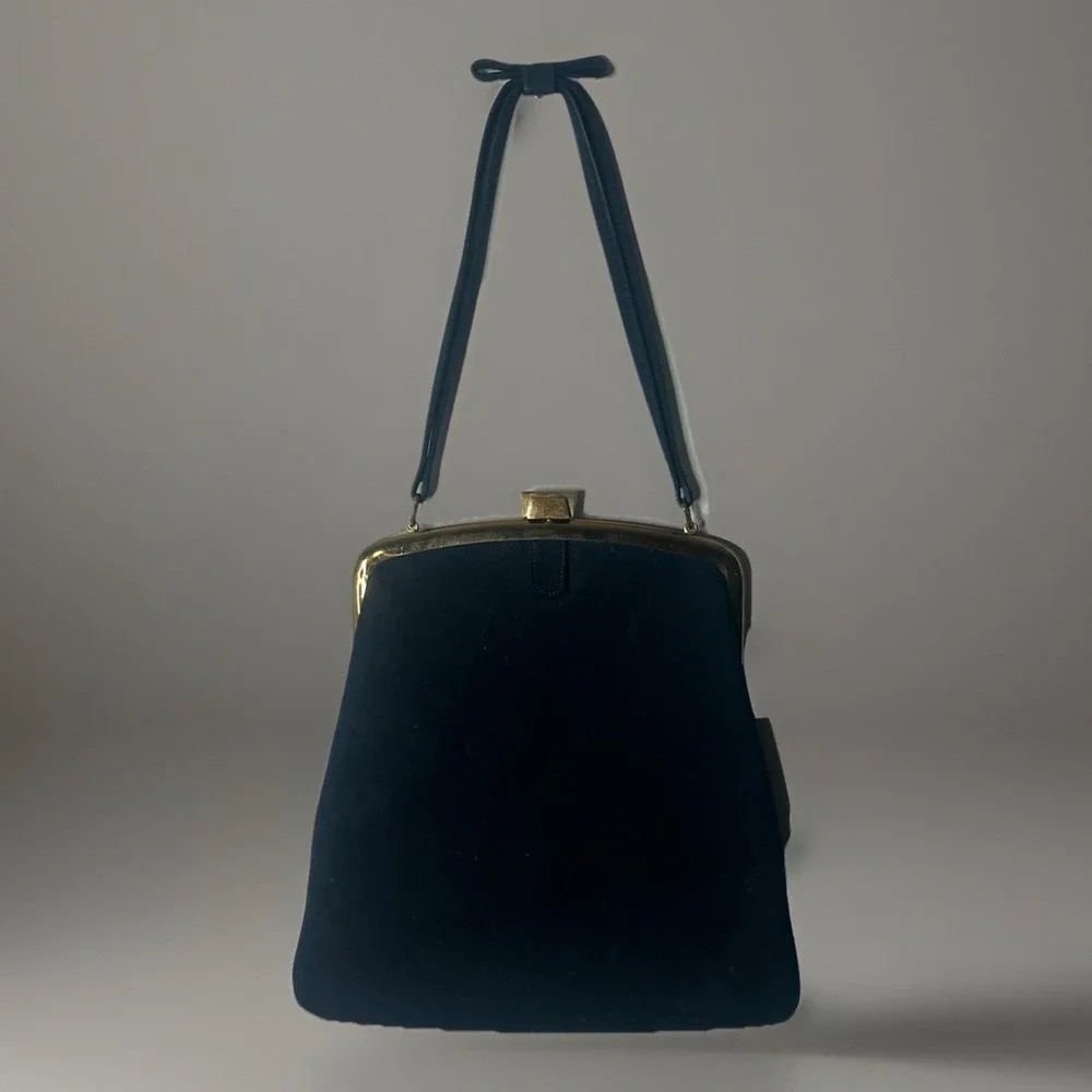 Vintage Mayer New York Handbag Purse Navy Suede Gold Trim Bow Handle